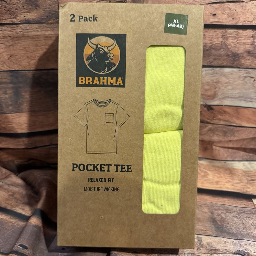 Brahma Mens 2 Pack Pocket Tee Shirt XL Neon Yellow Hi-Viz Moisture Wicking Work